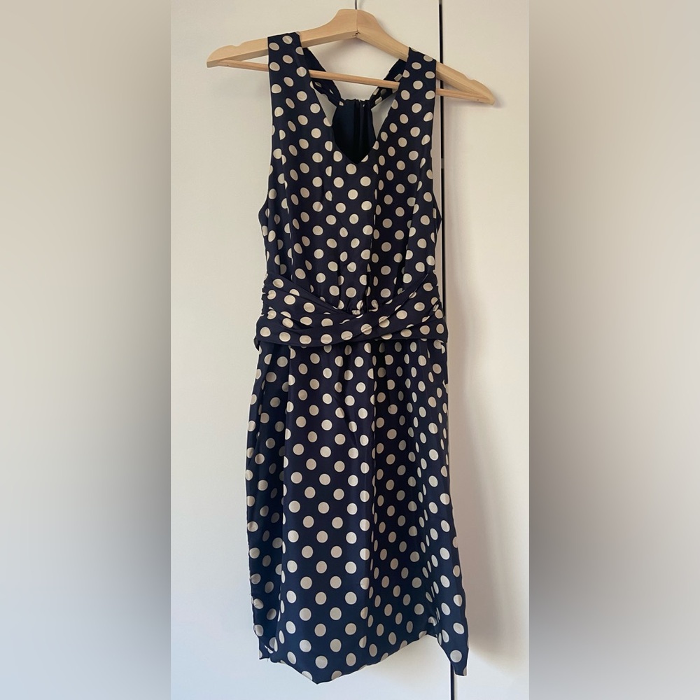 Silk Polka Dot Sleeveless Summer Mini Dress | Size 2 | Navy Blue and Cream